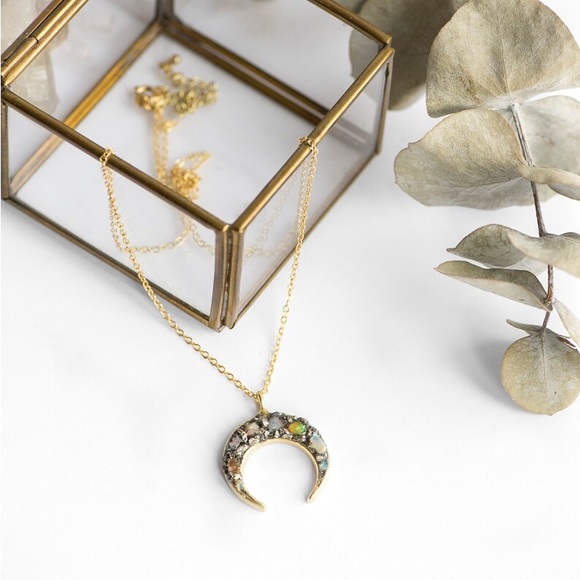 Handmade Opal Crescent Moon Pendant Necklace with natural gemstones - Picture 4 of 8